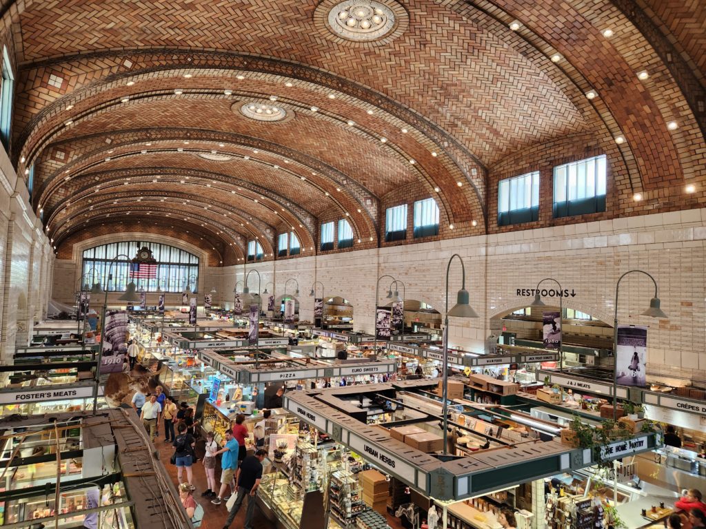 An overview of the West Side Market, from the perspective of the balcony seating that overlooks the entire indoor portion of the market. 