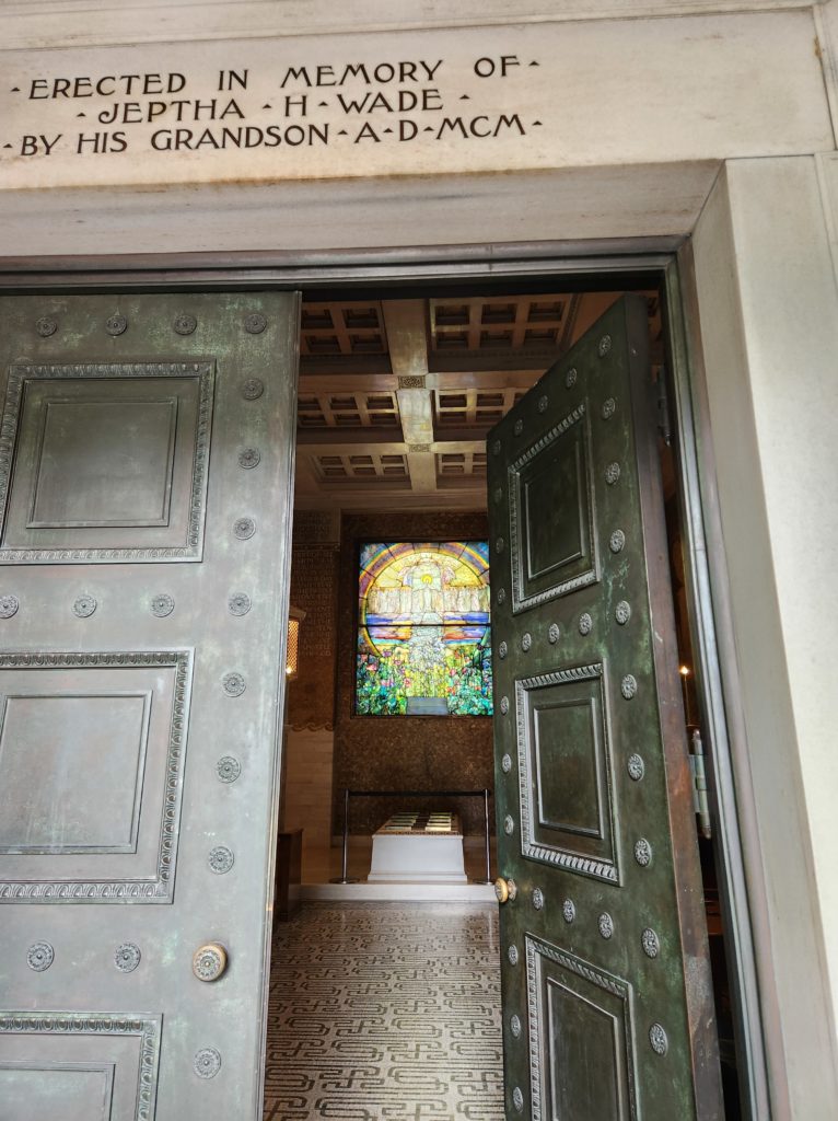 The 4-ton bronze doors that lead into the Wade Memorial Chapel at Lake View Cemetery in Cleveland, OH.