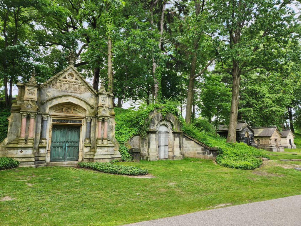 A row of mausoleums at the Lake View Cemetery in Cleveland, OH.