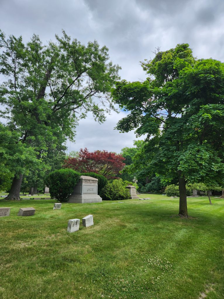 Looking out across gravestones and trees at the Lake View Cemetery in Cleveland, OH. 