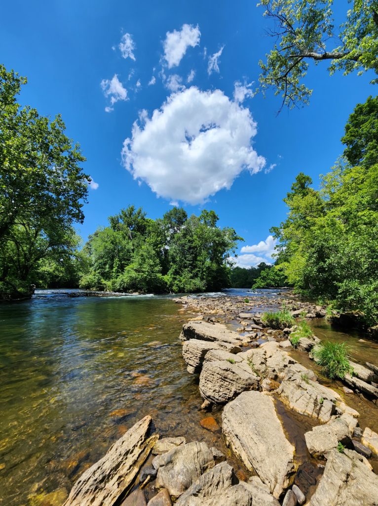 A river with some large rocks on the right, trees all around it, and a large white fluffy cloud in a blue sky. Taken at Sycamore Shoals State Park in Elizabethton, TN. 