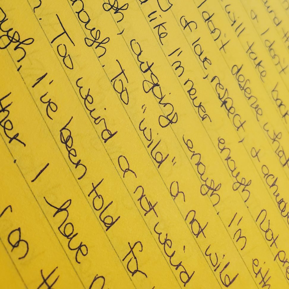 A yellow piece of paper that is lined, with writing on it.