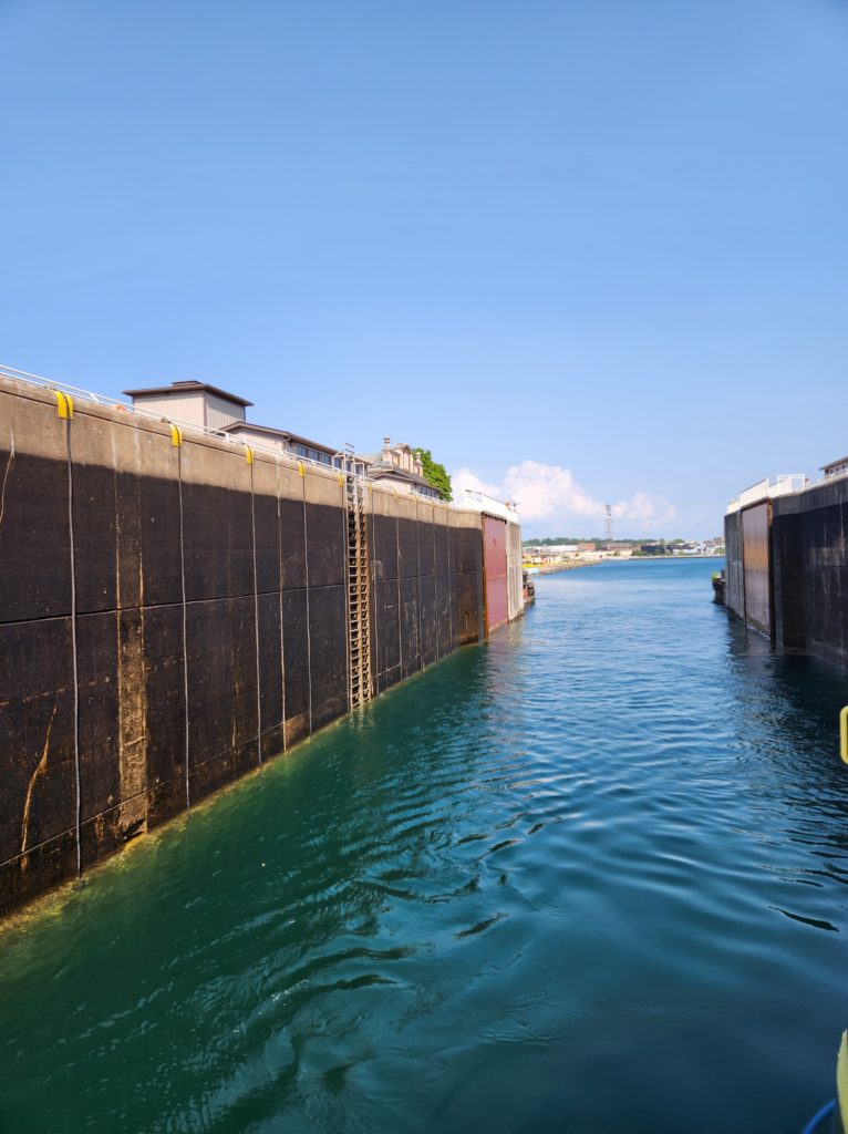 A view from inside the Canadian side of the Soo Locks, before the large gate is closed.