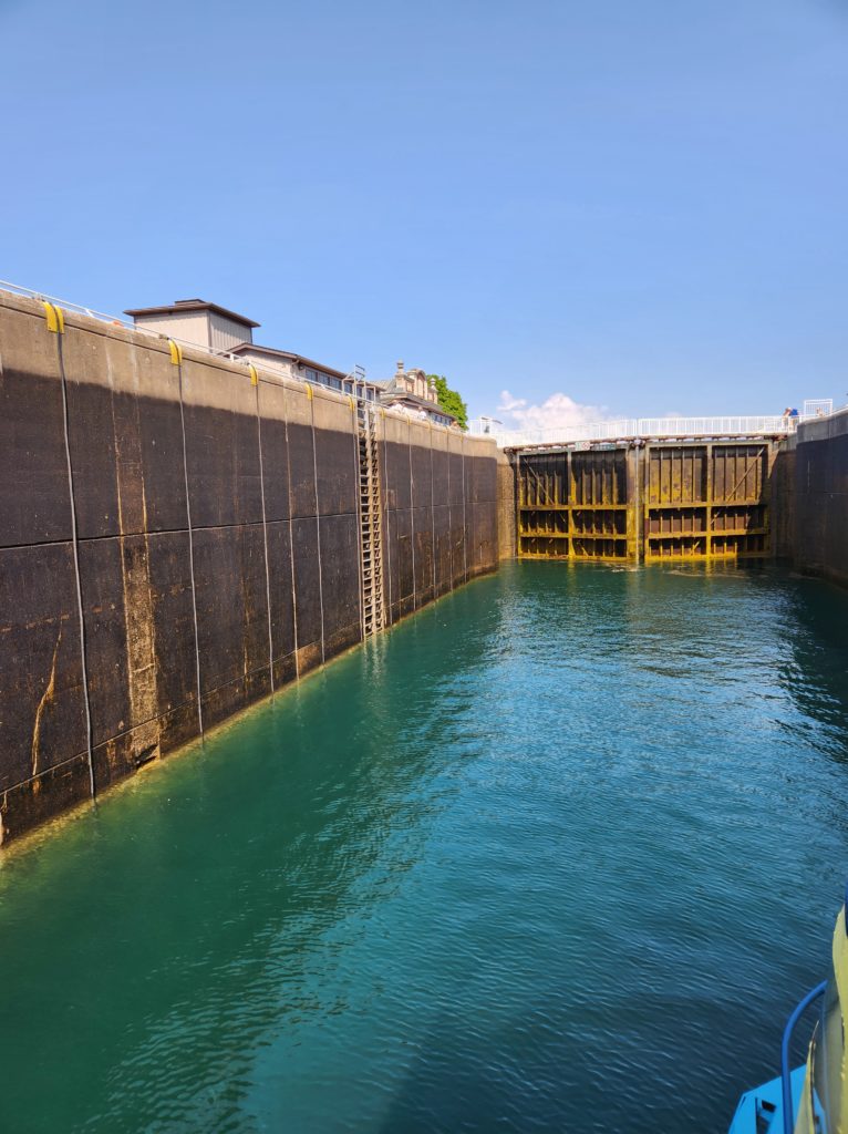 A view from inside the Canadian side of the Soo Locks with the large gates closed.